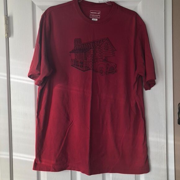 Merrell Mens Red Short Sleeve Xl Tshirt Truck/Camper Graphic 100% Organic Cotton - Picture 1 of 6